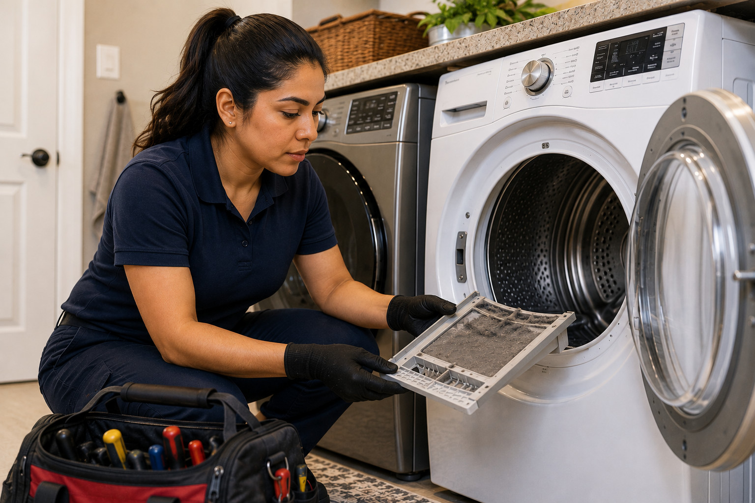 technician-inspecting-dryer Technician diagnosing a clothes dryer with overheating and airflow problems.