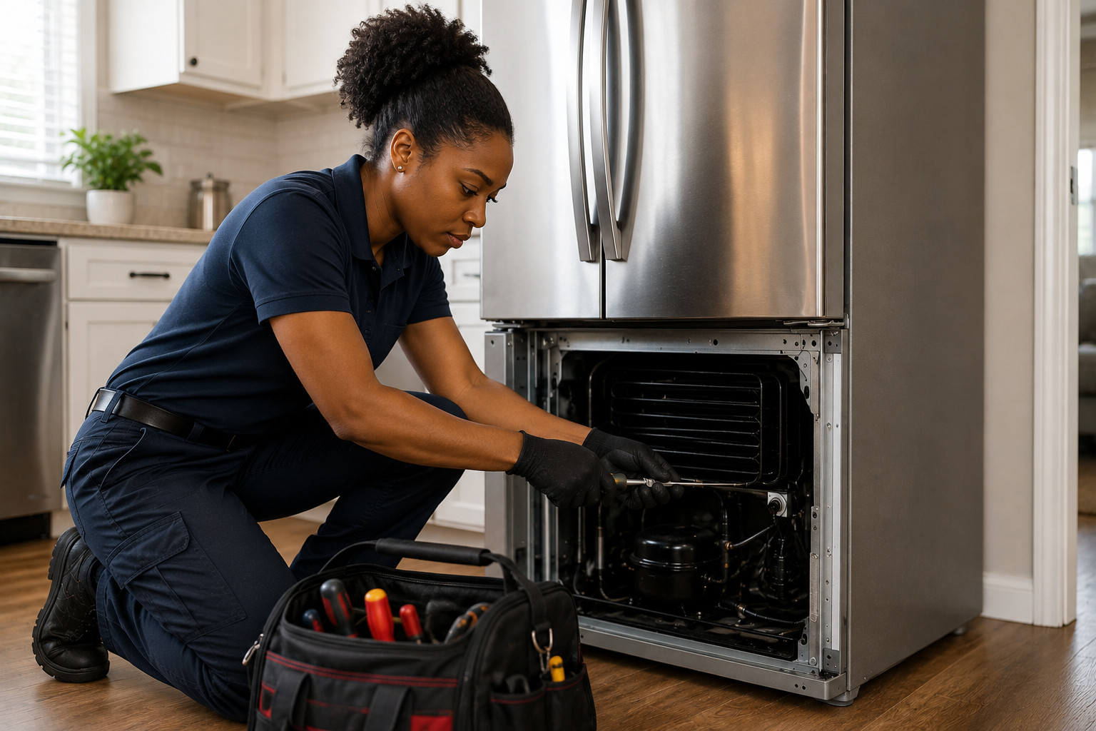 Appliance repair technician servicing household appliances in a Salem Oregon home.